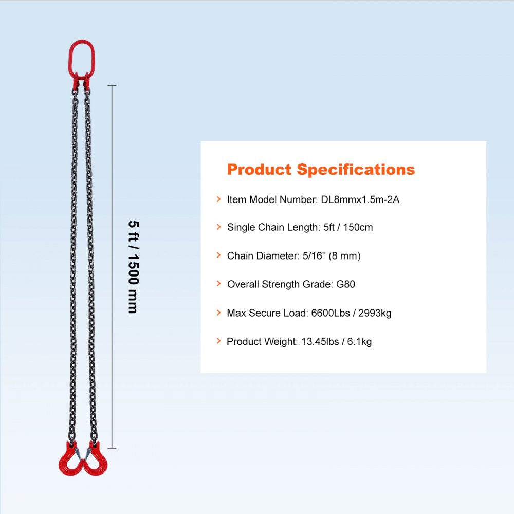 VEVOR Chain Sling, 5/16 inch x 5 ft Lifting Chains with Hooks, G80 Engine Chain Hoist Lifts, 6600 lbs/3 Ton Capacity Lifting Sling Chains for Engine Hoist, Engine Lift Chain with 2 Leg Grab Hooks