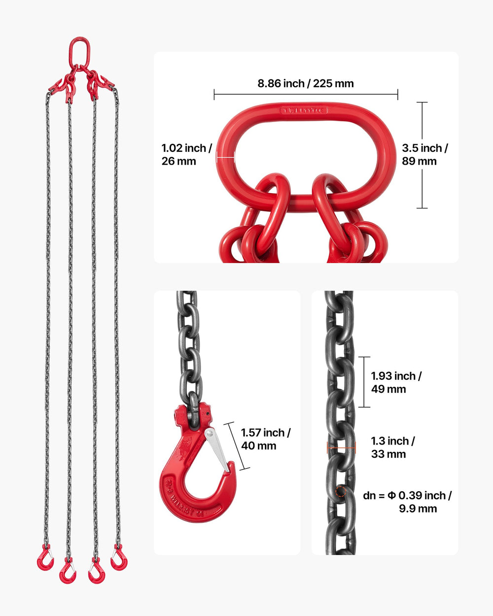 VEVOR Chain Sling, 3/8 in x 10 ft Lifting Chains with 4 Leg Grab Hooks, Heavy Duty G80 Alloy Steel Lifting Sling, 22900LBS Capacity, Adjustable Engine Chain Hoist Lifts for Cargo Security Towing