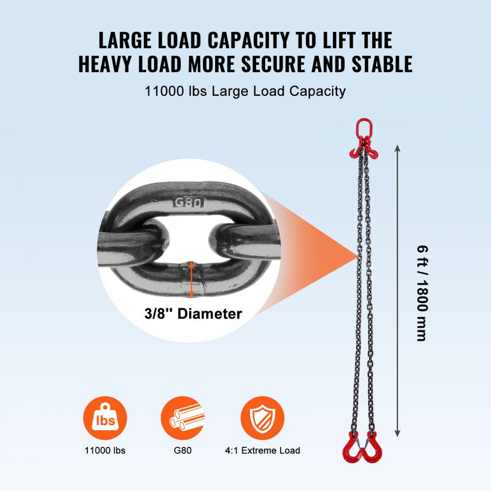 VEVOR Chain Sling, 3/8 inch x 6 ft Lifting Chains with Hooks, G80 Engine Chain Hoist Lifts, 11000 lbs/5 Ton Lifting Sling Chains for Engine Hoist, Engine Lift Chain with 2 Leg Grab Hooks and Adjusters