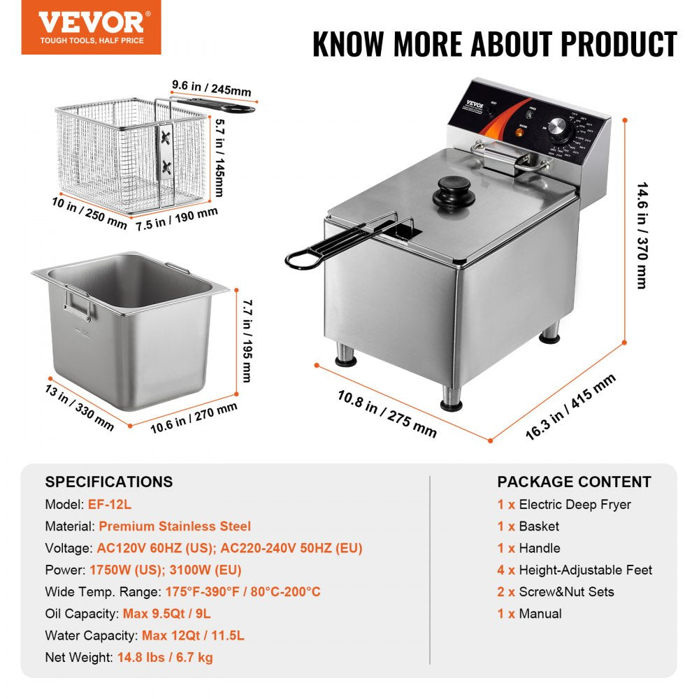 VEVOR Commercial Deep Fryer, 1750W Electric Countertop Fryer with Basket & Height-Adjustable Feet, 12Qt / 11.5L Stainless Steel Single Oil Fryer, Temp Control, Overheat Protection, for Restaurant Use