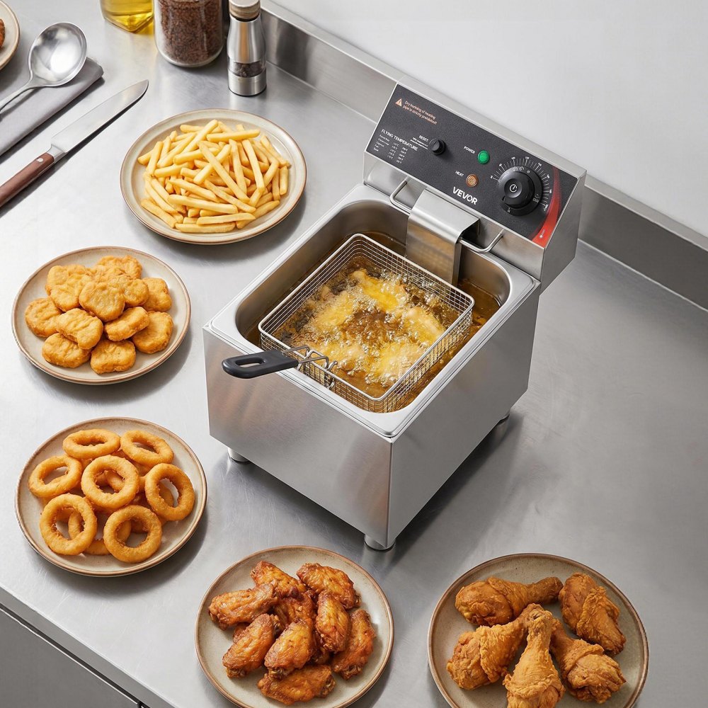 VEVOR Commercial Electric Deep Fryer, 12.15 Qt, 1750W Stainless Steel Countertop Fryer with Basket and Lid, Overheat Protection, Temp Control, Adjustable Feet for Commercial Restaurant Use, Silver