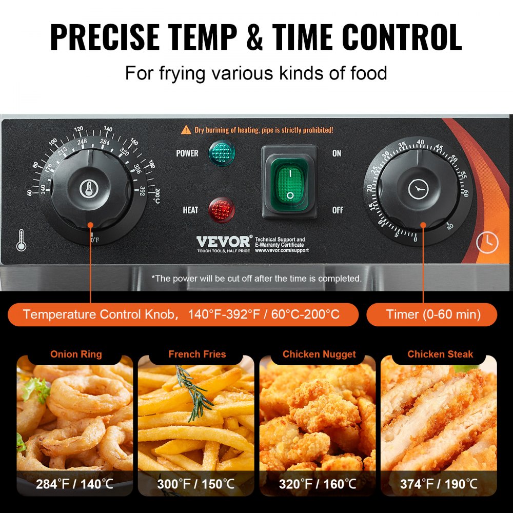 VEVOR Commercial Deep Fryer, 1500W Electric Countertop Fryer with Basket, 11.6Qt / 11L Stainless Steel Single Oil Fryer with Time & Temp Control, Overheat Protection, for Kitchen Restaurant Use