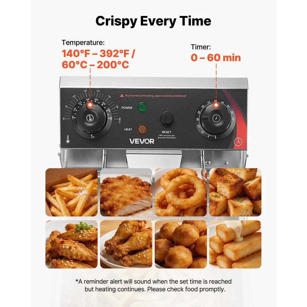 VEVOR Commercial Electric Deep Fryer, Oil Filtration Upgrade, 9.51 Qt, 1750W Stainless Steel Countertop Fryer with Basket and Lid, Temp Control, Oil Drain Valve for Commercial Restaurant Use, Silver