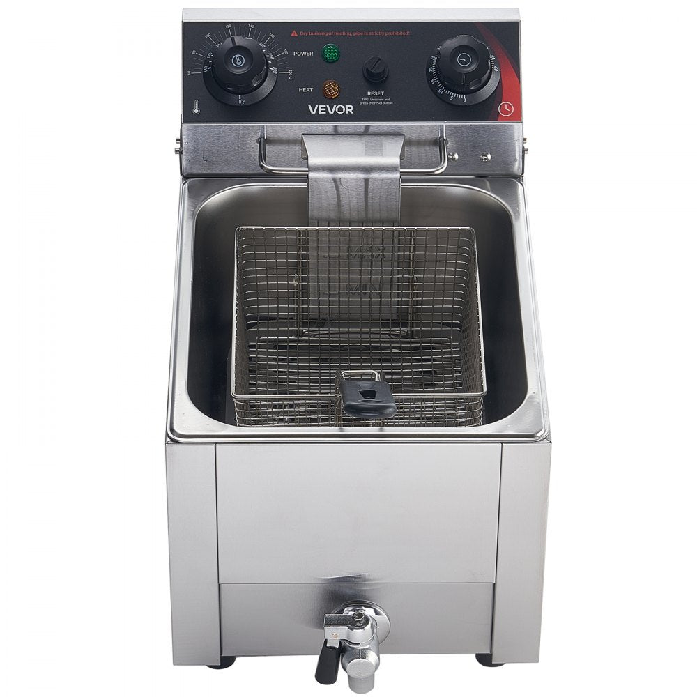VEVOR Commercial Electric Deep Fryer, Oil Filtration Upgrade, 9.51 Qt, 1750W Stainless Steel Countertop Fryer with Basket and Lid, Temp Control, Oil Drain Valve for Commercial Restaurant Use, Silver