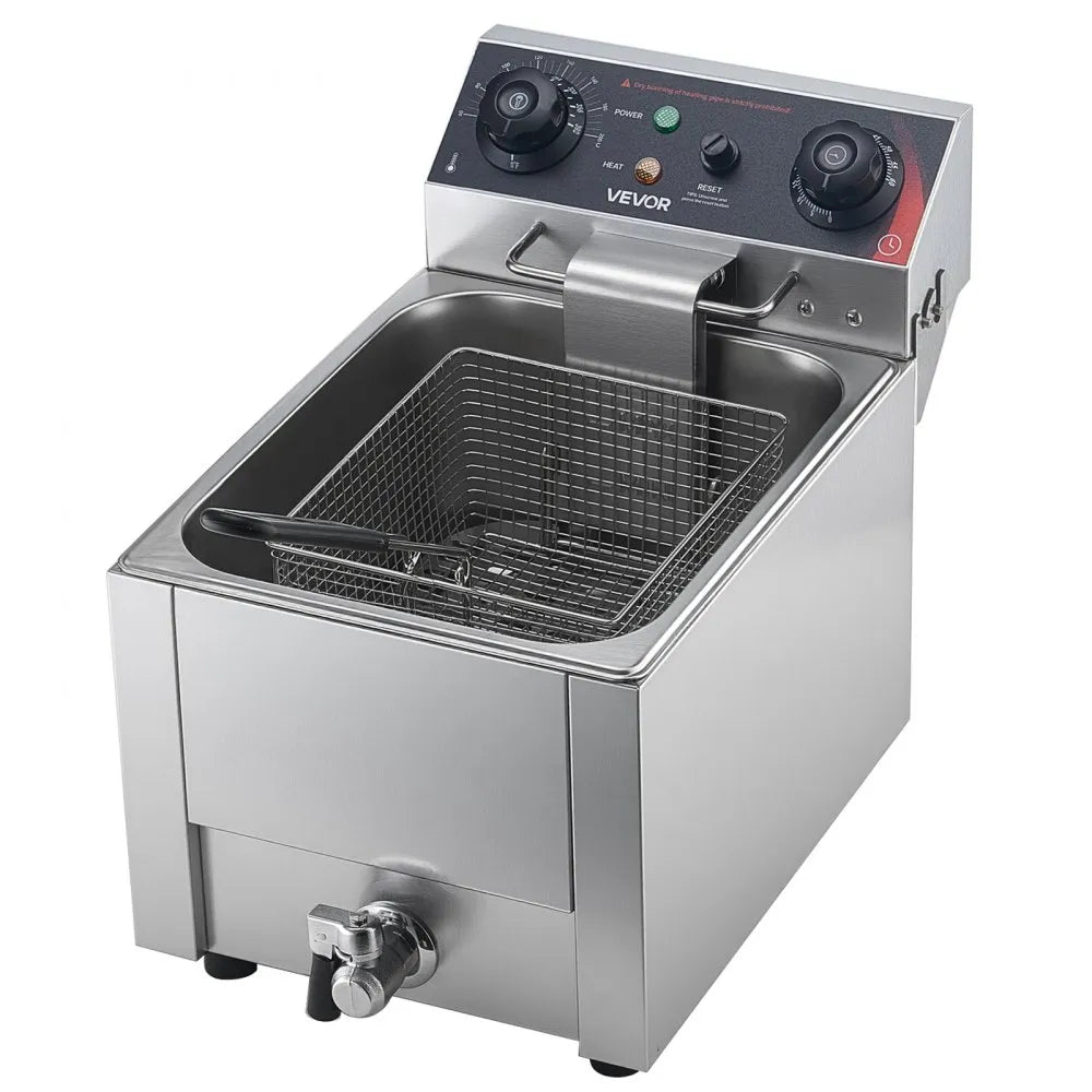 VEVOR Commercial Electric Deep Fryer, Oil Filtration Upgrade, 9.51 Qt, 1750W Stainless Steel Countertop Fryer with Basket and Lid, Temp Control, Oil Drain Valve for Commercial Restaurant Use, Silver