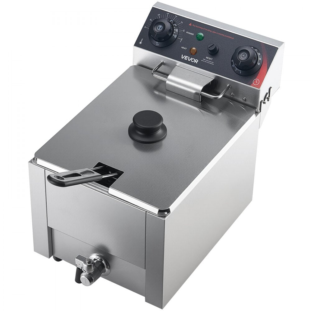 VEVOR Commercial Electric Deep Fryer, Oil Filtration Upgrade, 9.51 Qt, 1750W Stainless Steel Countertop Fryer with Basket and Lid, Temp Control, Oil Drain Valve for Commercial Restaurant Use, Silver