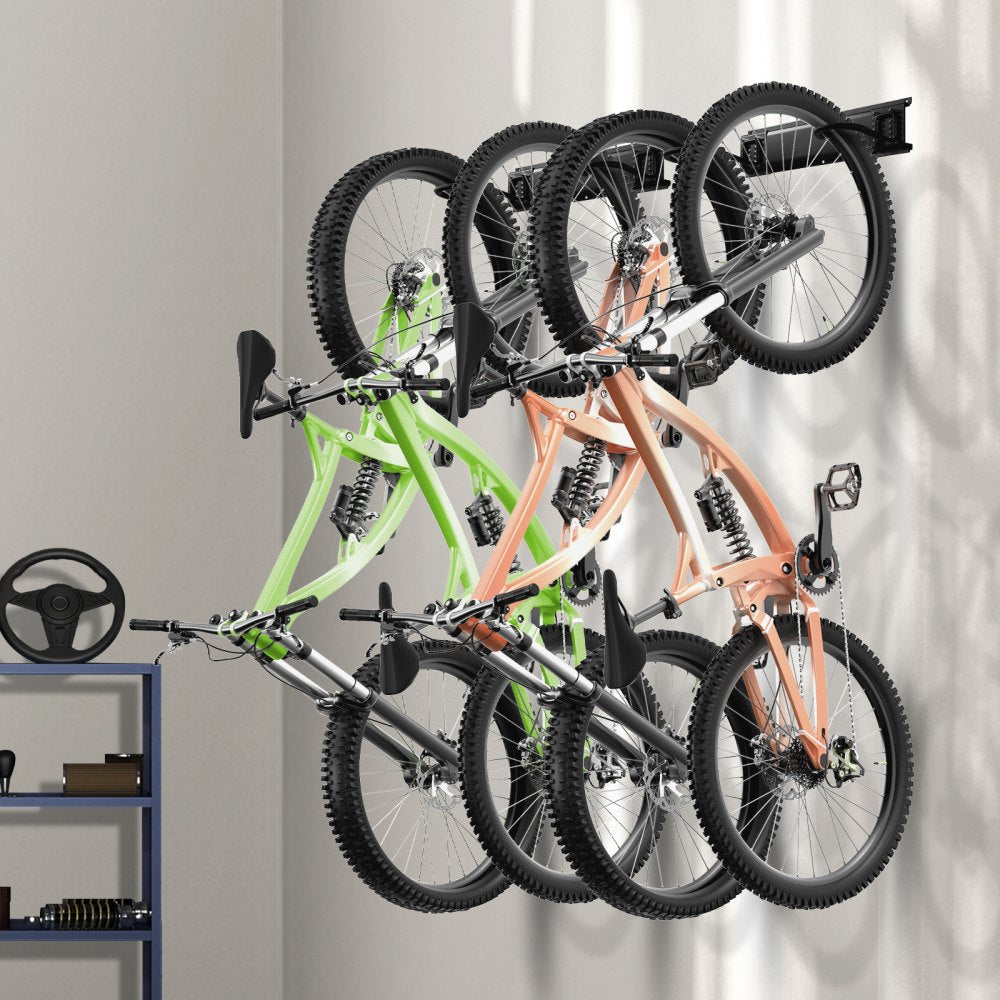 bike gear organizer Vevor Bike Storage Rack Wall-Mount Garage Organizer for 4 Bikes with Helmet Hooks 36" New
