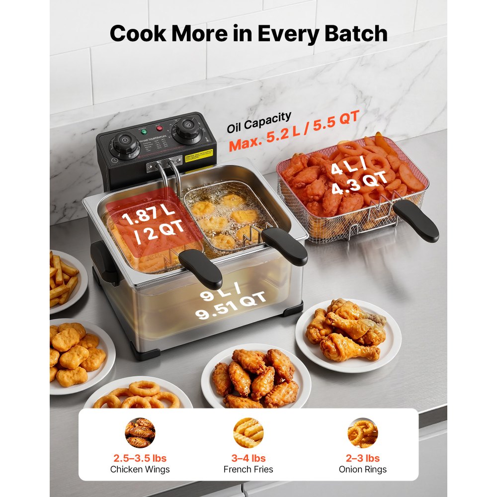 VEVOR Commercial Electric Deep Fryer, 9.51 Qt, 1700W Stainless Steel Countertop Fryer with Large & Small Baskets, Overheat Protection, Temp Control, Timer, Detachable for Home Restaurant Use, Silver