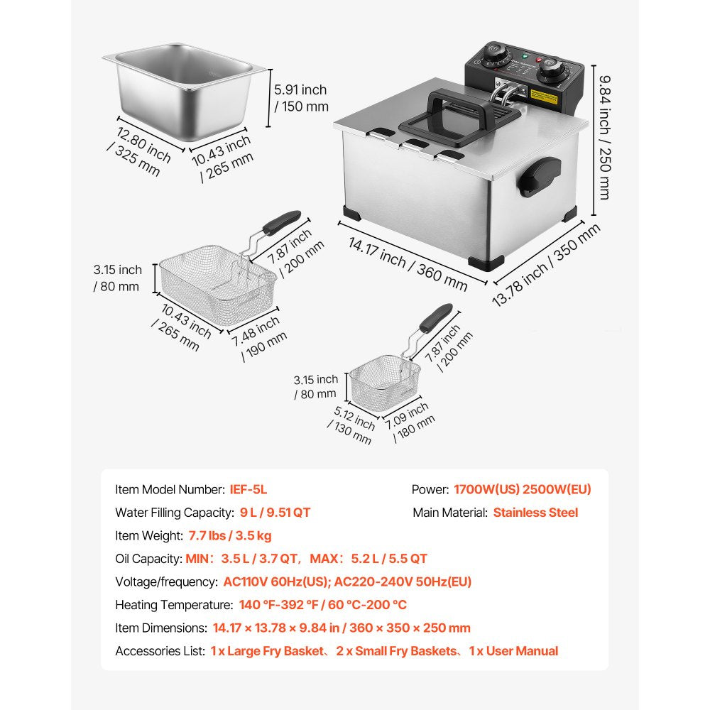 VEVOR Commercial Electric Deep Fryer, 9.51 Qt, 1700W Stainless Steel Countertop Fryer with Large & Small Baskets, Overheat Protection, Temp Control, Timer, Detachable for Home Restaurant Use, Silver