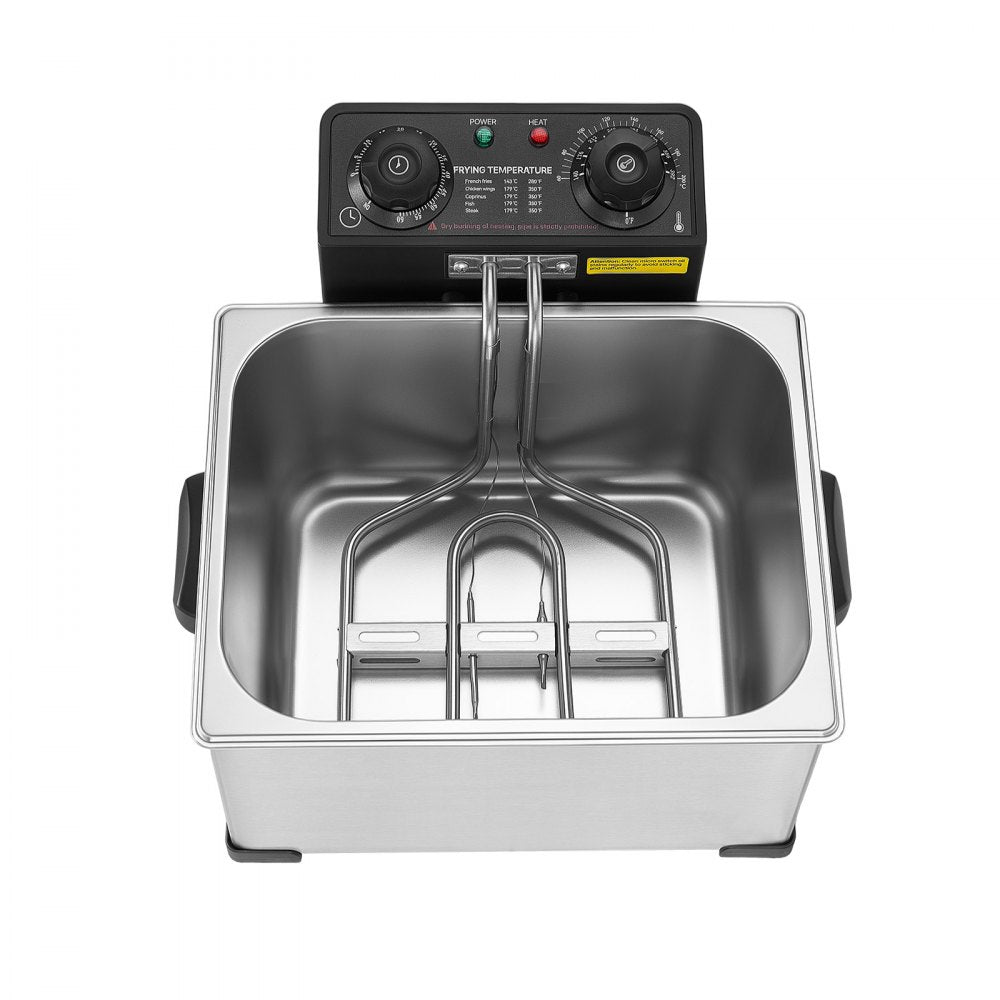 VEVOR Commercial Electric Deep Fryer, 9.51 Qt, 1700W Stainless Steel Countertop Fryer with Large & Small Baskets, Overheat Protection, Temp Control, Timer, Detachable for Home Restaurant Use, Silver