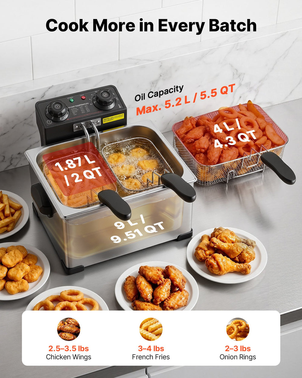 VEVOR Commercial Electric Deep Fryer, 9.51 Qt, 1700W Stainless Steel Countertop Fryer with Large & Small Baskets, Overheat Protection, Temp Control, Timer, Detachable for Home Restaurant Use, Silver