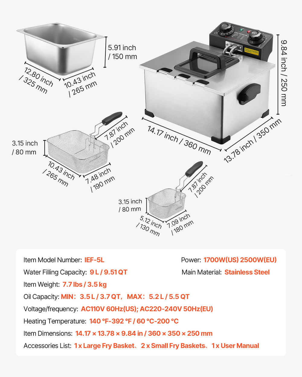VEVOR Commercial Electric Deep Fryer, 9.51 Qt, 1700W Stainless Steel Countertop Fryer with Large & Small Baskets, Overheat Protection, Temp Control, Timer, Detachable for Home Restaurant Use, Silver