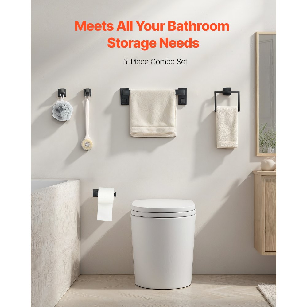 VEVOR Matte Black Bathroom Hardware Set, 5 Pieces Bathroom Accessories Set, Stainless Steel 16 inch Towel Bar, Towel Rack, 2 Robe Towel Hooks, Toilet Paper Holder for Bath Room, Wall Mounted