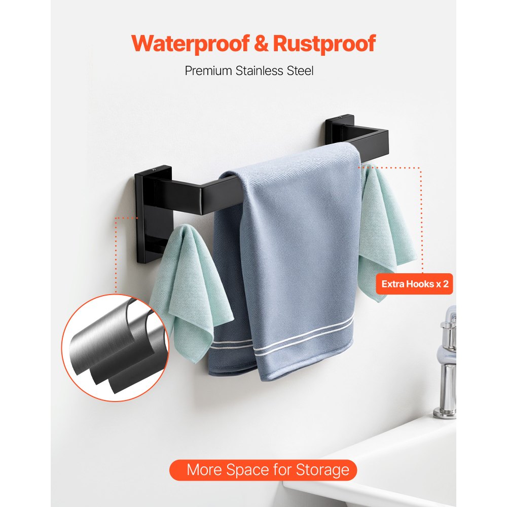 VEVOR Matte Black Bathroom Hardware Set, 5 Pieces Bathroom Accessories Set, Stainless Steel 16 inch Towel Bar, Towel Rack, 2 Robe Towel Hooks, Toilet Paper Holder for Bath Room, Wall Mounted