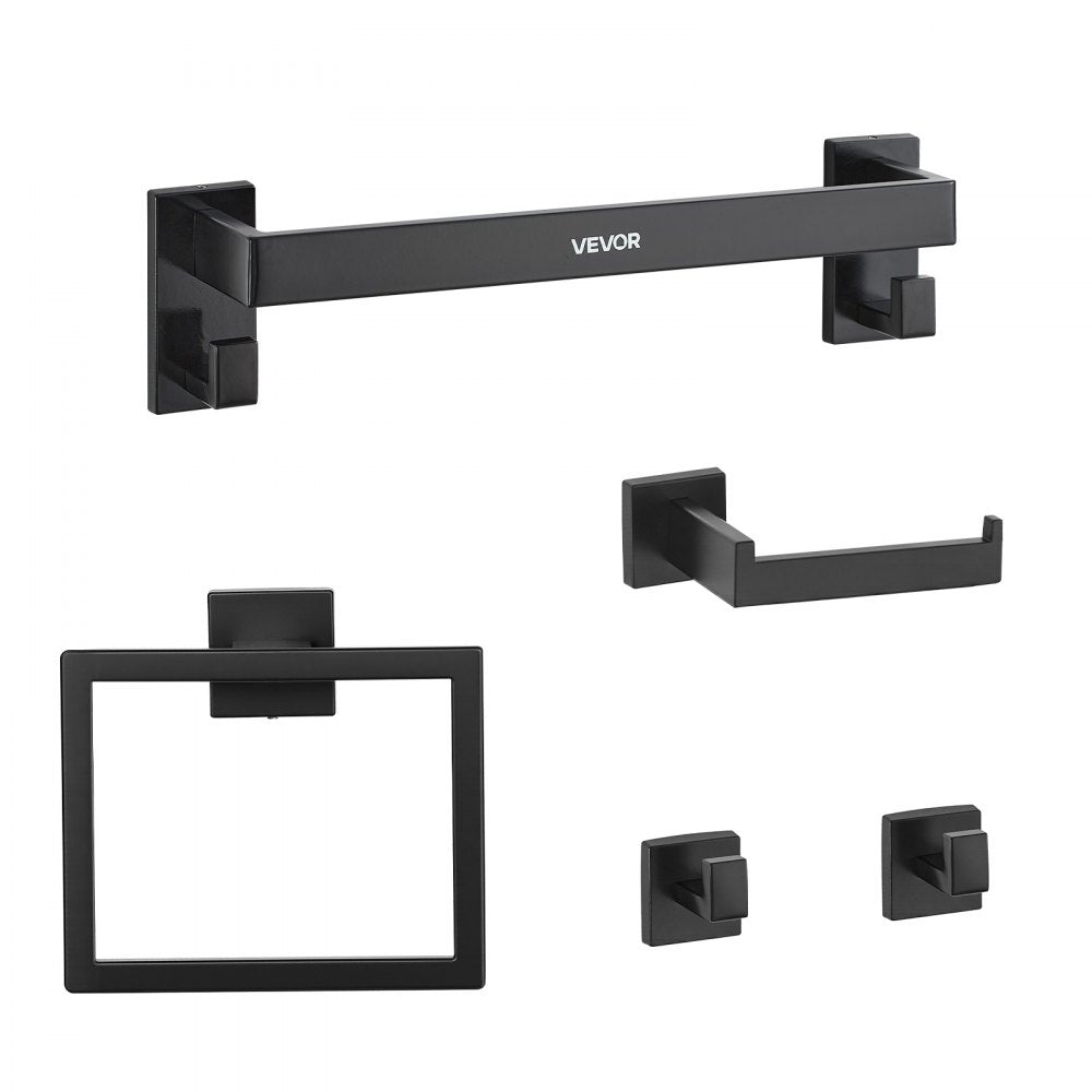 VEVOR Matte Black Bathroom Hardware Set, 5 Pieces Bathroom Accessories Set, Stainless Steel 16 inch Towel Bar, Towel Rack, 2 Robe Towel Hooks, Toilet Paper Holder for Bath Room, Wall Mounted