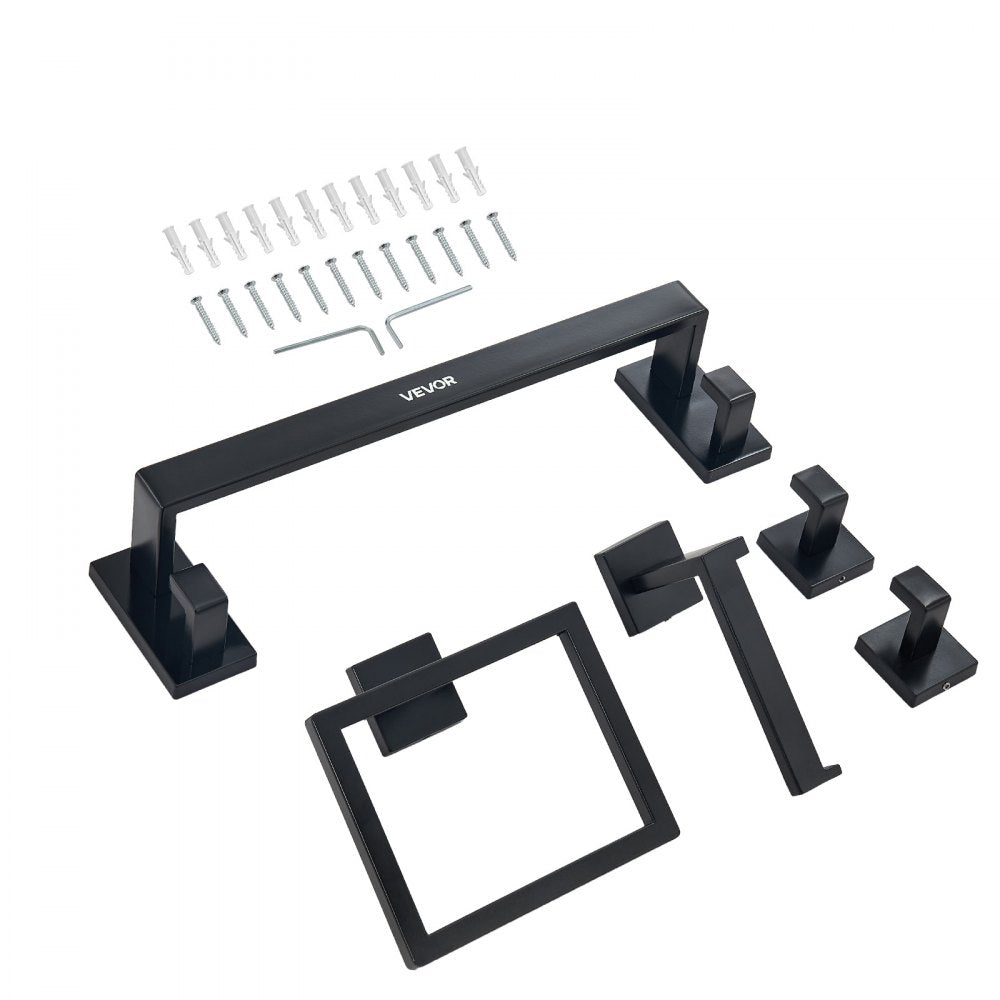 VEVOR Matte Black Bathroom Hardware Set, 5 Pieces Bathroom Accessories Set, Stainless Steel 16 inch Towel Bar, Towel Rack, 2 Robe Towel Hooks, Toilet Paper Holder for Bath Room, Wall Mounted
