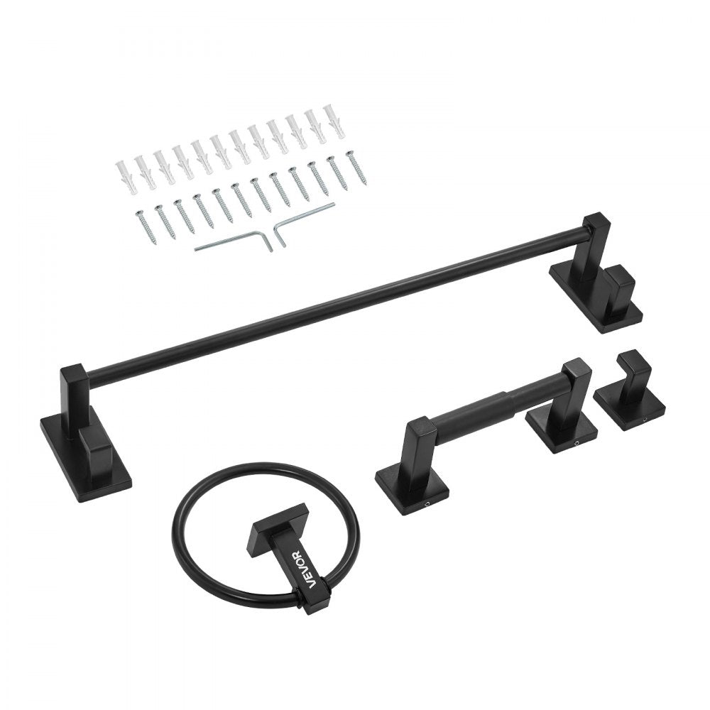 VEVOR Matte Black Bathroom Hardware Set, 4 Pieces Stainless Steel Bathroom Accessories Set, 24-inch Towel Bar, Towel Ring, Robe Towel Hook, Toilet Paper Holder, for Bath Room, Wall Mounted