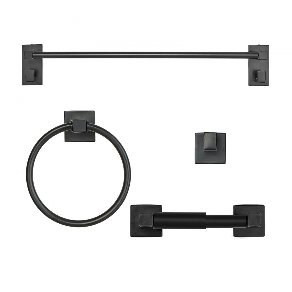 VEVOR Matte Black Bathroom Hardware Set, 4 Pieces Stainless Steel Bathroom Accessories Set, 24-inch Towel Bar, Towel Ring, Robe Towel Hook, Toilet Paper Holder, for Bath Room, Wall Mounted