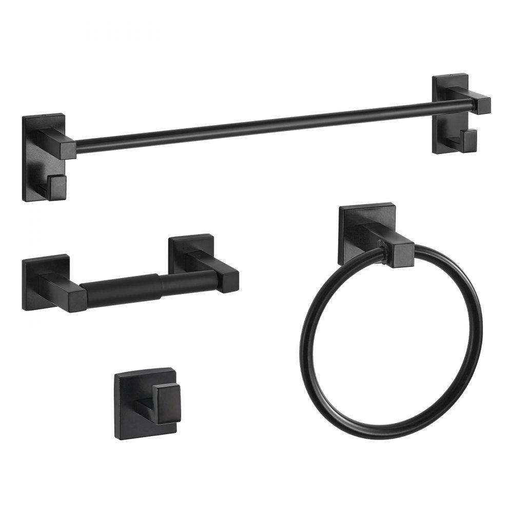 VEVOR Matte Black Bathroom Hardware Set, 4 Pieces Stainless Steel Bathroom Accessories Set, 24-inch Towel Bar, Towel Ring, Robe Towel Hook, Toilet Paper Holder, for Bath Room, Wall Mounted