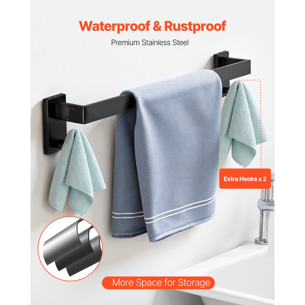 VEVOR Matte Black Bathroom Hardware Set, 10-Piece Bathroom Accessories Set, 2 Stainless Steel 24-in Towel Bars, 2 Towel Racks, 4 Robe Towel Hooks, 2 Toilet Paper Holders for Bath Room, Wall Mounted