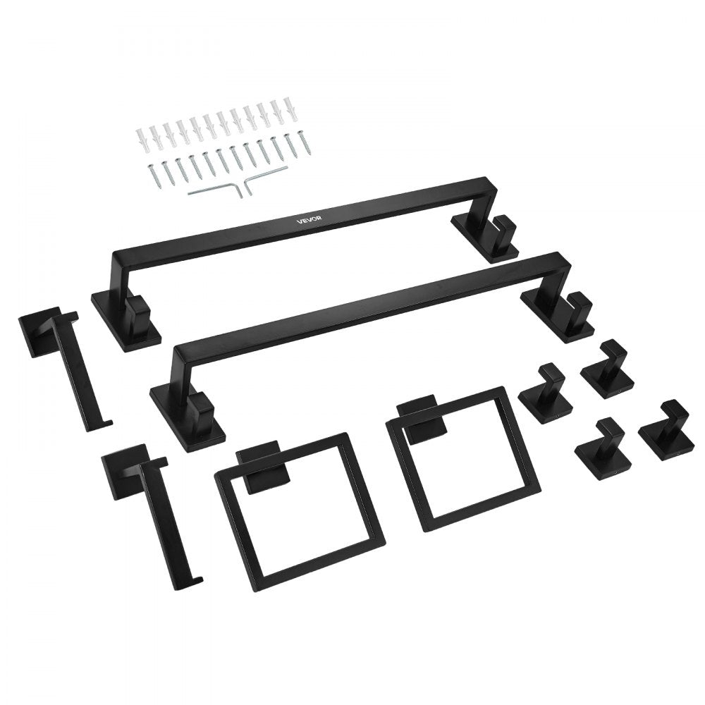 VEVOR Matte Black Bathroom Hardware Set, 10-Piece Bathroom Accessories Set, 2 Stainless Steel 24-in Towel Bars, 2 Towel Racks, 4 Robe Towel Hooks, 2 Toilet Paper Holders for Bath Room, Wall Mounted
