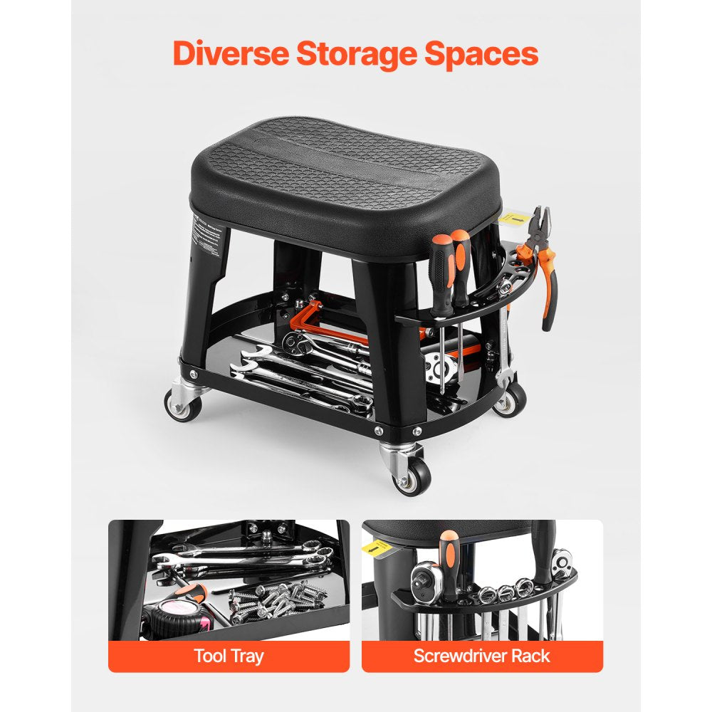 VEVOR Mechanic Stool, 300 lbs Capacity Garage Seat/Work Stool with Wheels, 360° Swivel Rolling Workshop Stool with Tool Tray and Screwdriver Rack, Heavy-Duty, for Garage, Shop & Auto Repair, Black