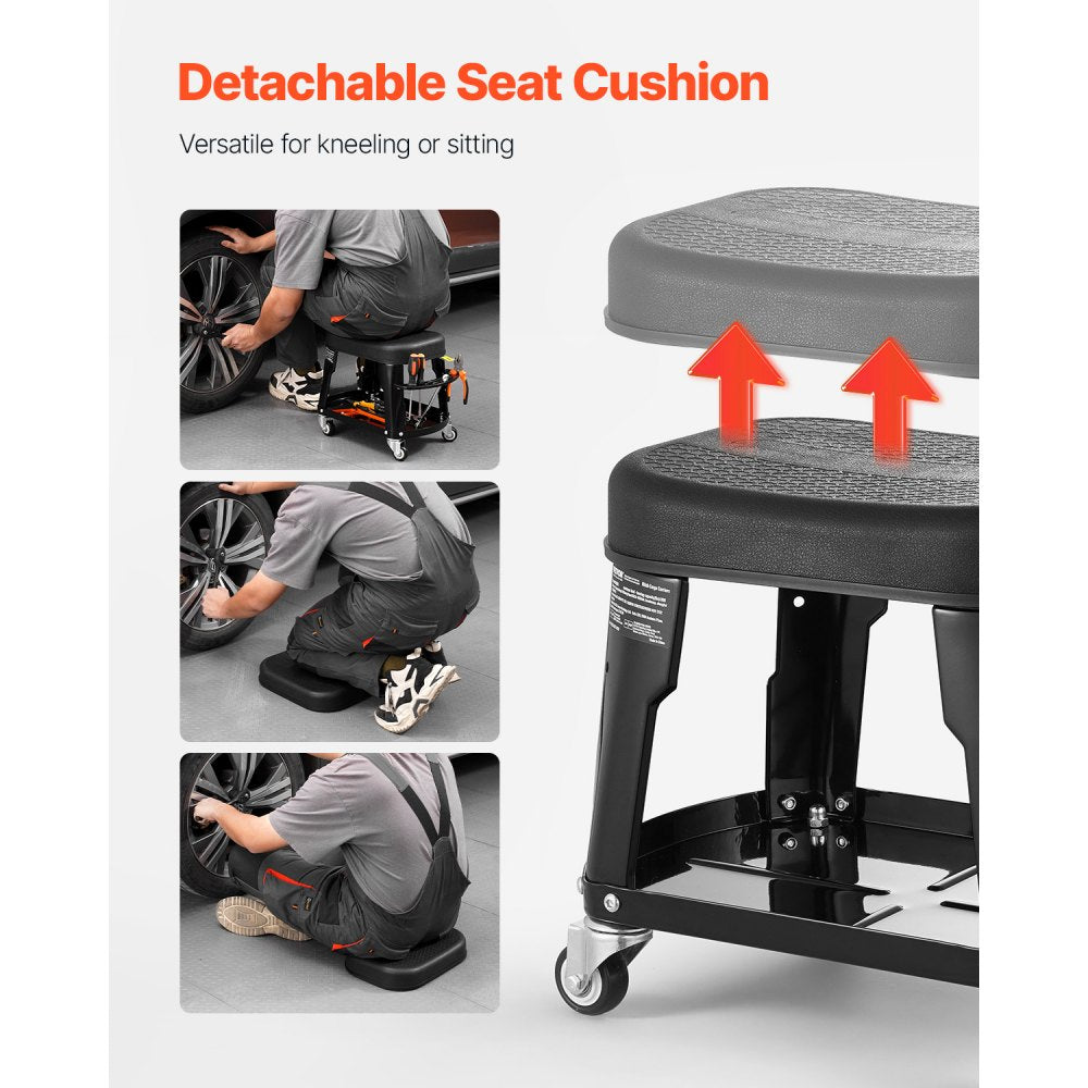 VEVOR Mechanic Stool, 300 lbs Capacity Garage Seat/Work Stool with Wheels, 360° Swivel Rolling Workshop Stool with Tool Tray and Screwdriver Rack, Heavy-Duty, for Garage, Shop & Auto Repair, Black