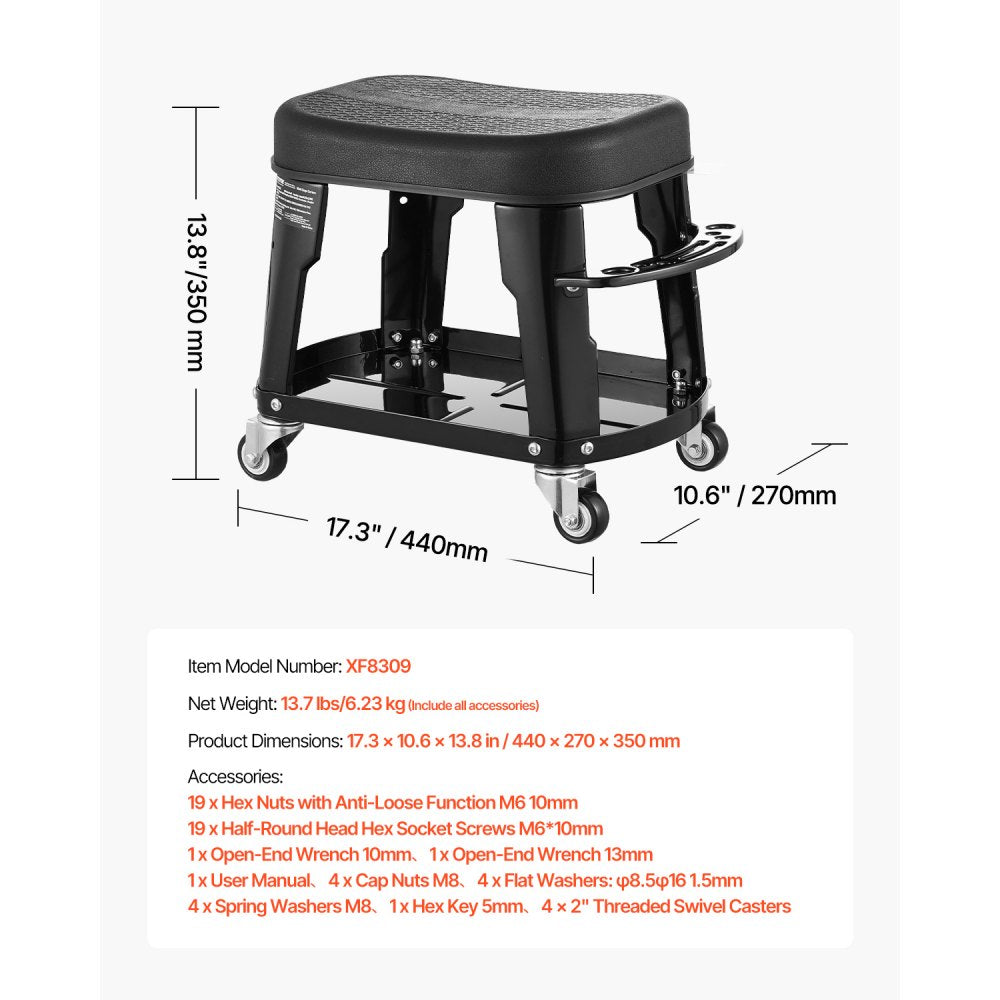 VEVOR Mechanic Stool, 300 lbs Capacity Garage Seat/Work Stool with Wheels, 360° Swivel Rolling Workshop Stool with Tool Tray and Screwdriver Rack, Heavy-Duty, for Garage, Shop & Auto Repair, Black