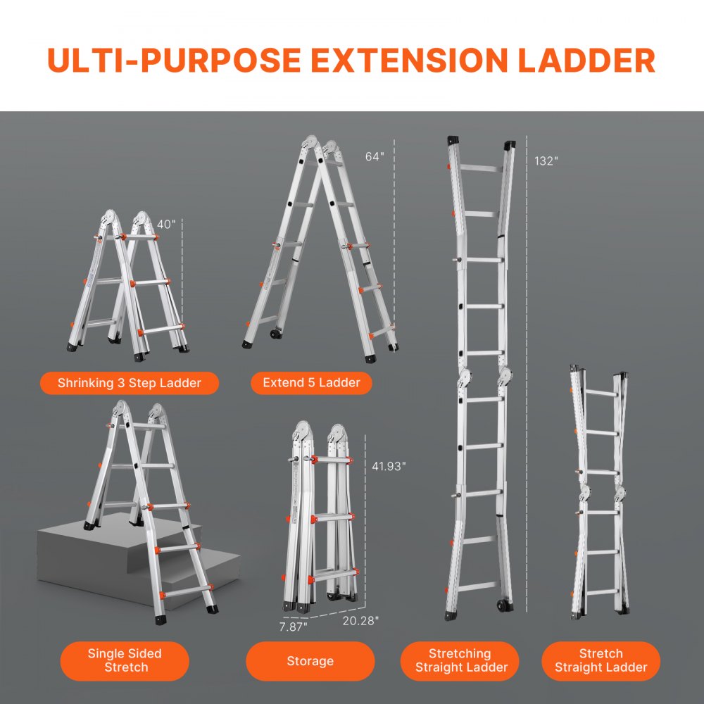 VEVOR Telescoping Ladder A Frame, 11 FT Compact Aluminum Extension Ladder, Multi-Function Portable Collapsible RV Ladder, Telescopic Ladder for Homework Stairs Indoor Outdoor Roof, 330lb Load