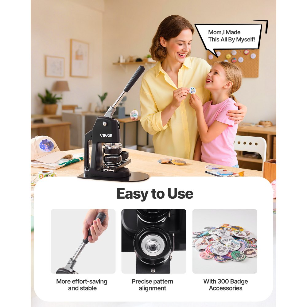 VEVOR Button Maker Machine, 1.26/2.28/2.95 inch 3-in-1, Plastic Pin Maker with 300pcs Button Parts, Circle Cutter and Magic Book, Reinforced Ergonomic Handle, for DIY Badges, Personalized Pins, Black