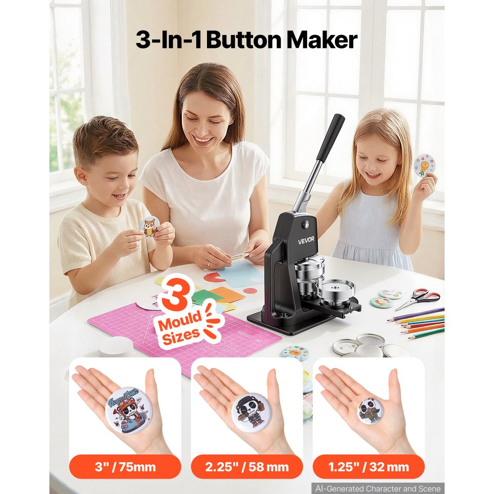 VEVOR Button Maker Machine 1.25"/2.25"/3"(32/58/75 mm) 3-in-1 Pin Maker, with 300pcs Button Parts, Circle Cutter, Magic Book, Ergonomic Handle, for DIY Badges, Pins, Fridge Magnets and Key Chains