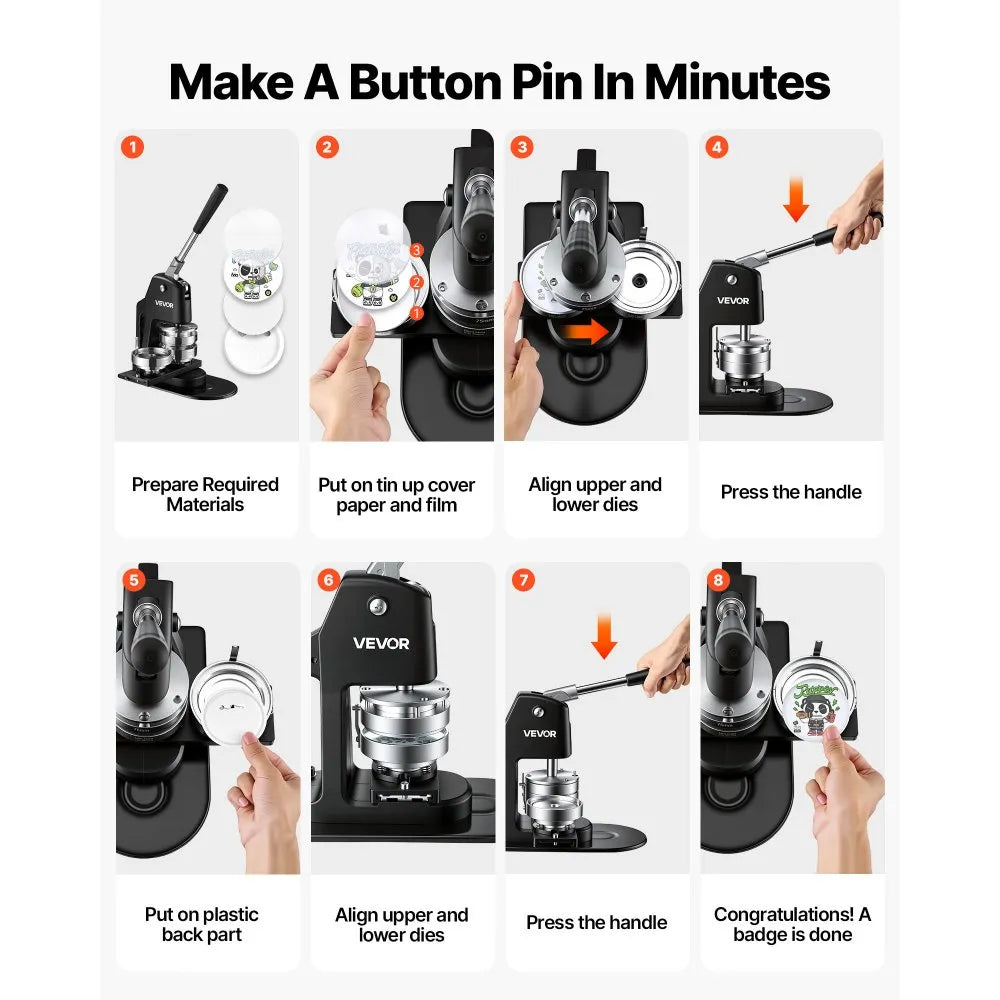 VEVOR Button Maker Machine 1.25"/2.25"/3"(32/58/75 mm) 3-in-1 Pin Maker, with 300pcs Button Parts, Circle Cutter, Magic Book, Ergonomic Handle, for DIY Badges, Pins, Fridge Magnets and Key Chains
