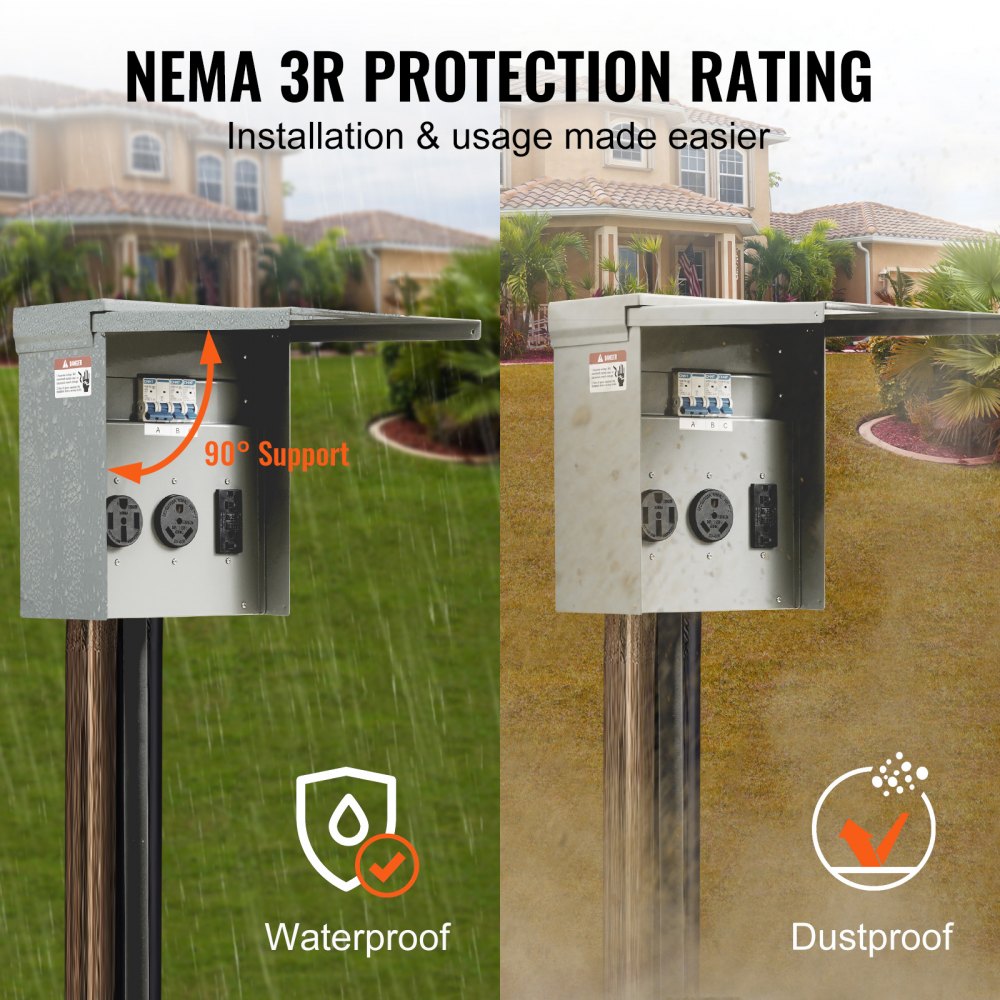 VEVOR Temporary Power Outlet Panel, 125/250V, RV Power Outlet Box with a 20/30/50 Amp Receptacle Installed, NEMA 14-50R / NEMA TT-30R / 15A GFCI for RV Camper Trailer Motorhome