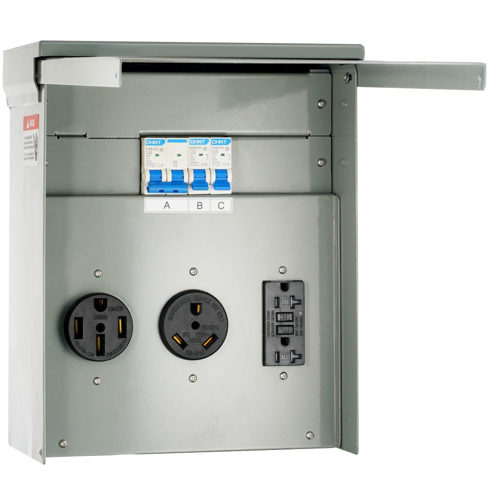 VEVOR Temporary Power Outlet Panel, 125/250V, RV Power Outlet Box with a 20/30/50 Amp Receptacle Installed, NEMA 14-50R / NEMA TT-30R / 15A GFCI for RV Camper Trailer Motorhome