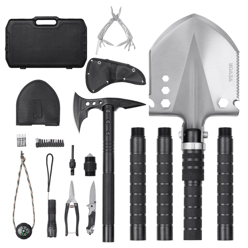 VEVOR Survival Shovel Survival Axe, 28-in-1 Camping Folding Shovels with Hatchet, Stainless Steel Tactical Shovel Hatchet Combo, Multifunctional Emergency Survival Gear Equipment for Camping Hiking