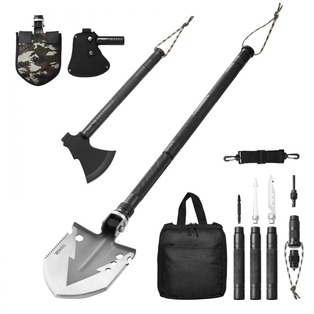VEVOR Survival Shovel Survival Axe, 16-in-1 Camping Folding Shovels with Hatchet, Stainless Steel Tactical Shovel Hatchet Combo, Multifunctional Emergency Survival Gear Equipment for Camping Hiking
