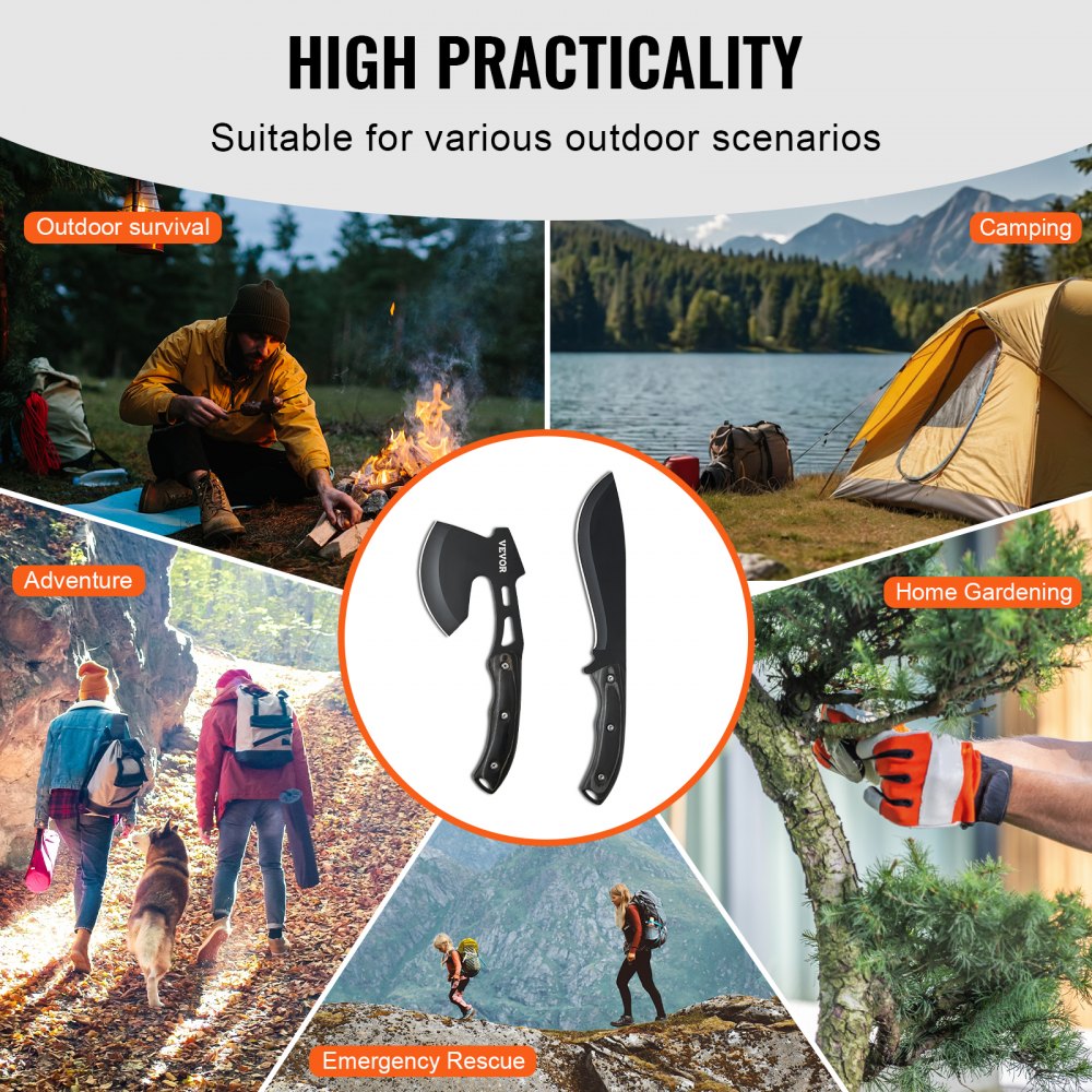 VEVOR Hunting Knife and Hatchet Axe Combo Set with Sheath, Fixed Blade Tactical Knife and Camping Axe, Stainless Steel Survival Knife and Camping Hatchet for Outdoor Survival Hunting Camping Adventure