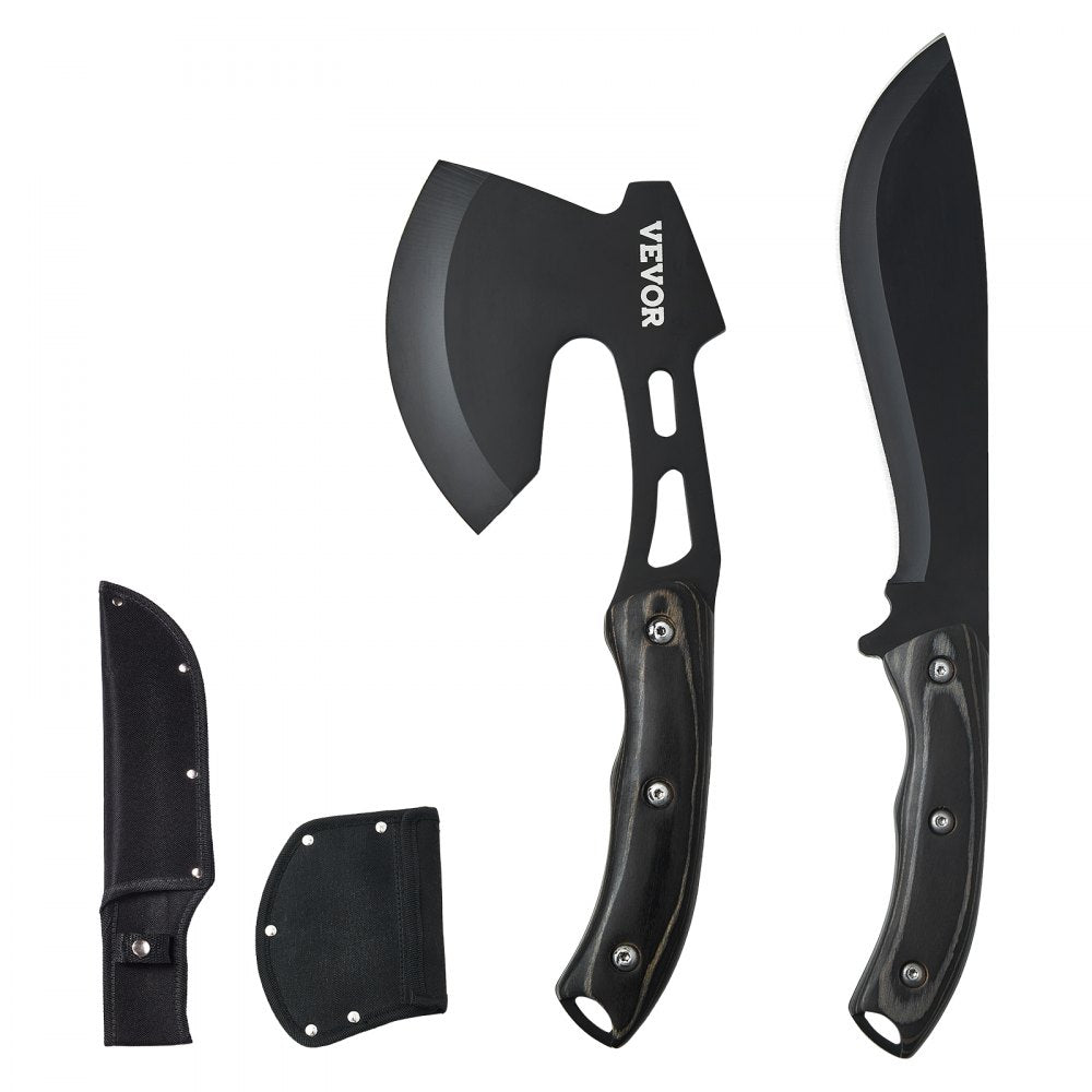 VEVOR Hunting Knife and Hatchet Axe Combo Set with Sheath, Fixed Blade Tactical Knife and Camping Axe, Stainless Steel Survival Knife and Camping Hatchet for Outdoor Survival Hunting Camping Adventure