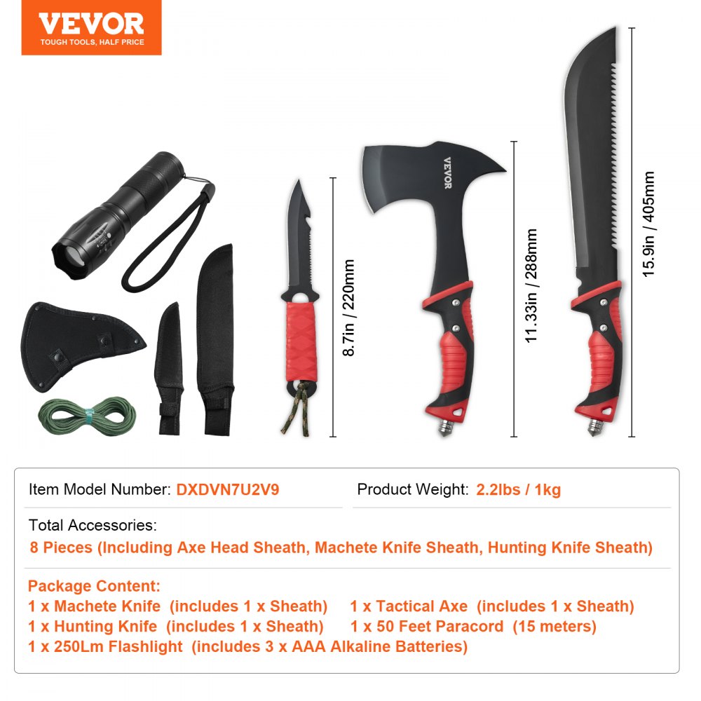 VEVOR Camping Hatchet and Machete Knife Set with Sheath, Hunting Knife, Flashlight, Paracord, 16 inch Machete, Stainless Steel Camping Axe Tool Set for Outdoor Survival Hunting Camping Adventure