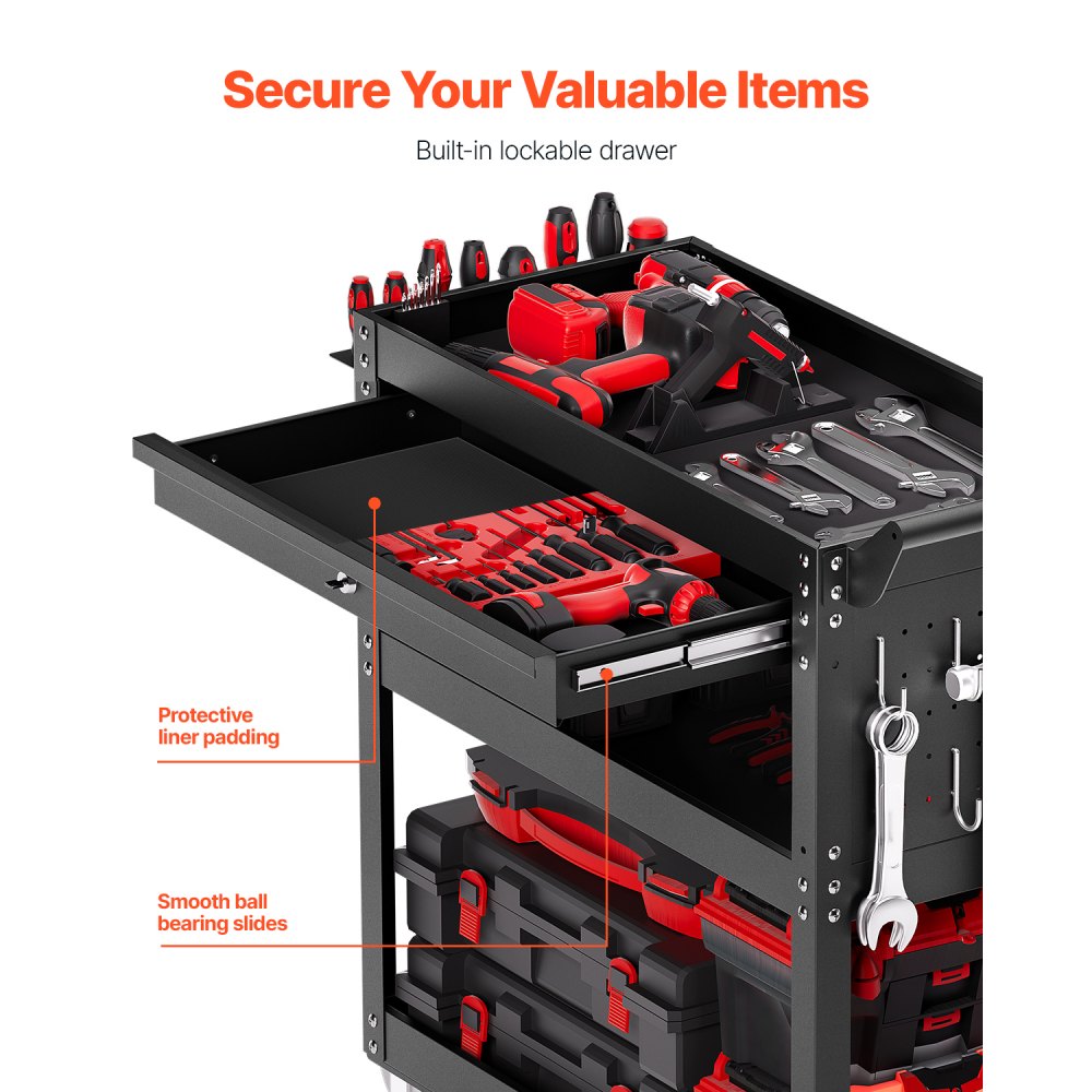 VEVOR 4-Tier Tool Cart with Wheels, 350 lbs Load Capacity, Rolling Work Cart with Drawer & Pegboard, Mechanic Tool Storage Organizer with Locking System for Garage, Warehouse and Repair Shop, Black