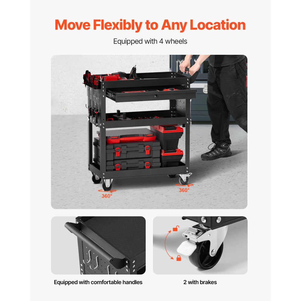 VEVOR 4-Tier Tool Cart with Wheels, 350 lbs Load Capacity, Rolling Work Cart with Drawer & Pegboard, Mechanic Tool Storage Organizer with Locking System for Garage, Warehouse and Repair Shop, Black
