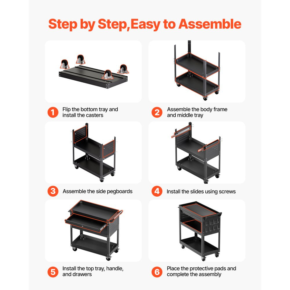 VEVOR 4-Tier Tool Cart with Wheels, 350 lbs Load Capacity, Rolling Work Cart with Drawer & Pegboard, Mechanic Tool Storage Organizer with Locking System for Garage, Warehouse and Repair Shop, Black