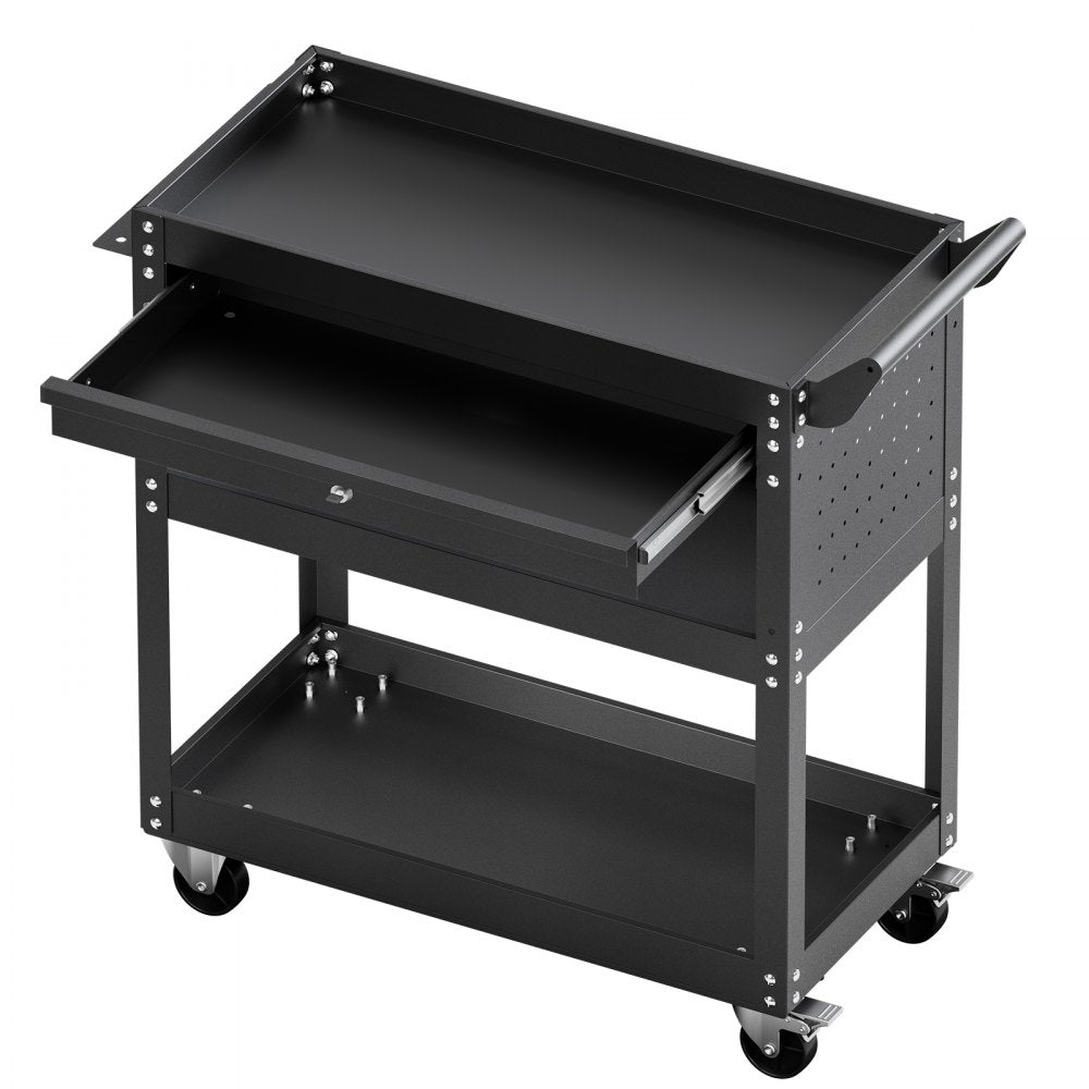 VEVOR 4-Tier Tool Cart with Wheels, 350 lbs Load Capacity, Rolling Work Cart with Drawer & Pegboard, Mechanic Tool Storage Organizer with Locking System for Garage, Warehouse and Repair Shop, Black
