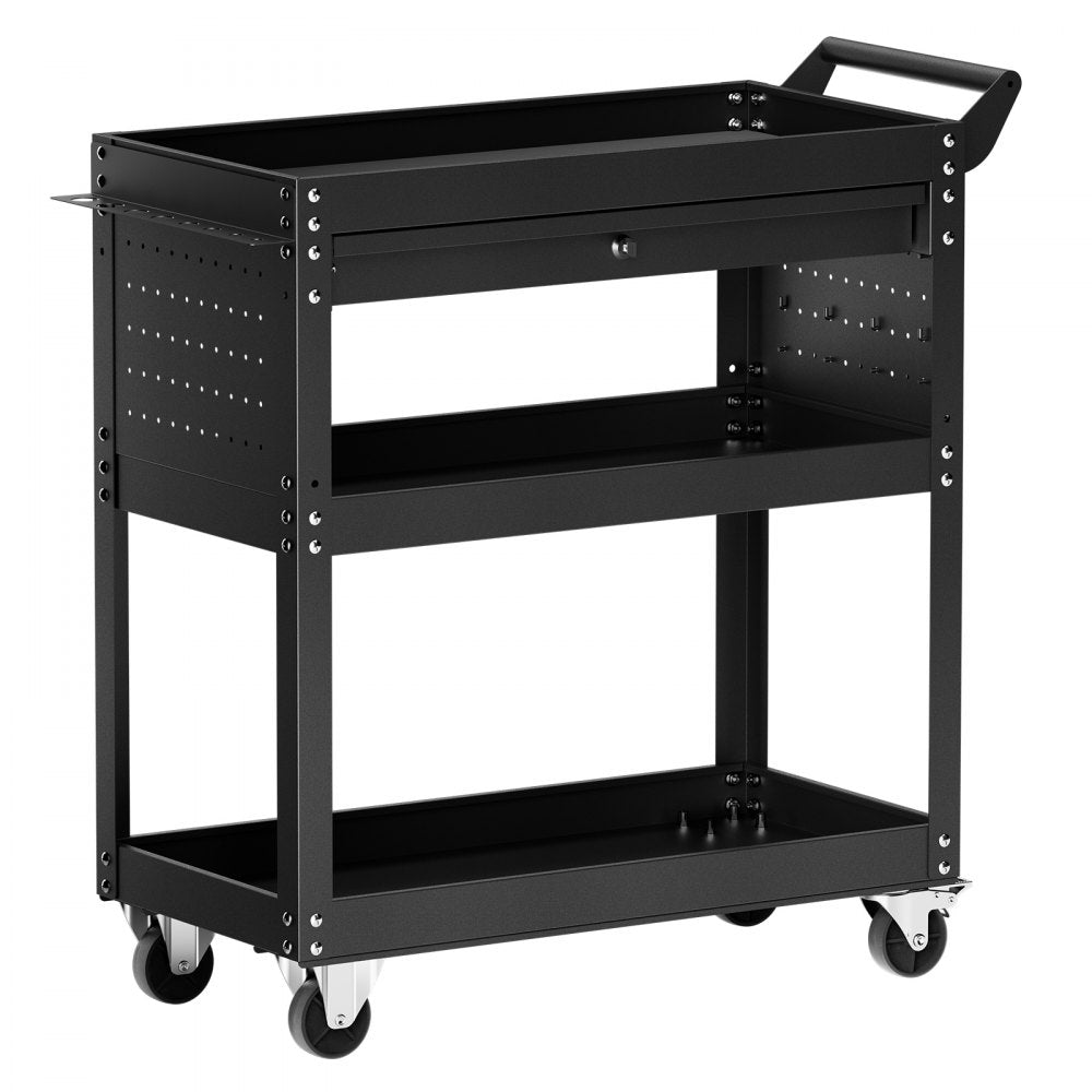 VEVOR 4-Tier Tool Cart with Wheels, 350 lbs Load Capacity, Rolling Work Cart with Drawer & Pegboard, Mechanic Tool Storage Organizer with Locking System for Garage, Warehouse and Repair Shop, Black
