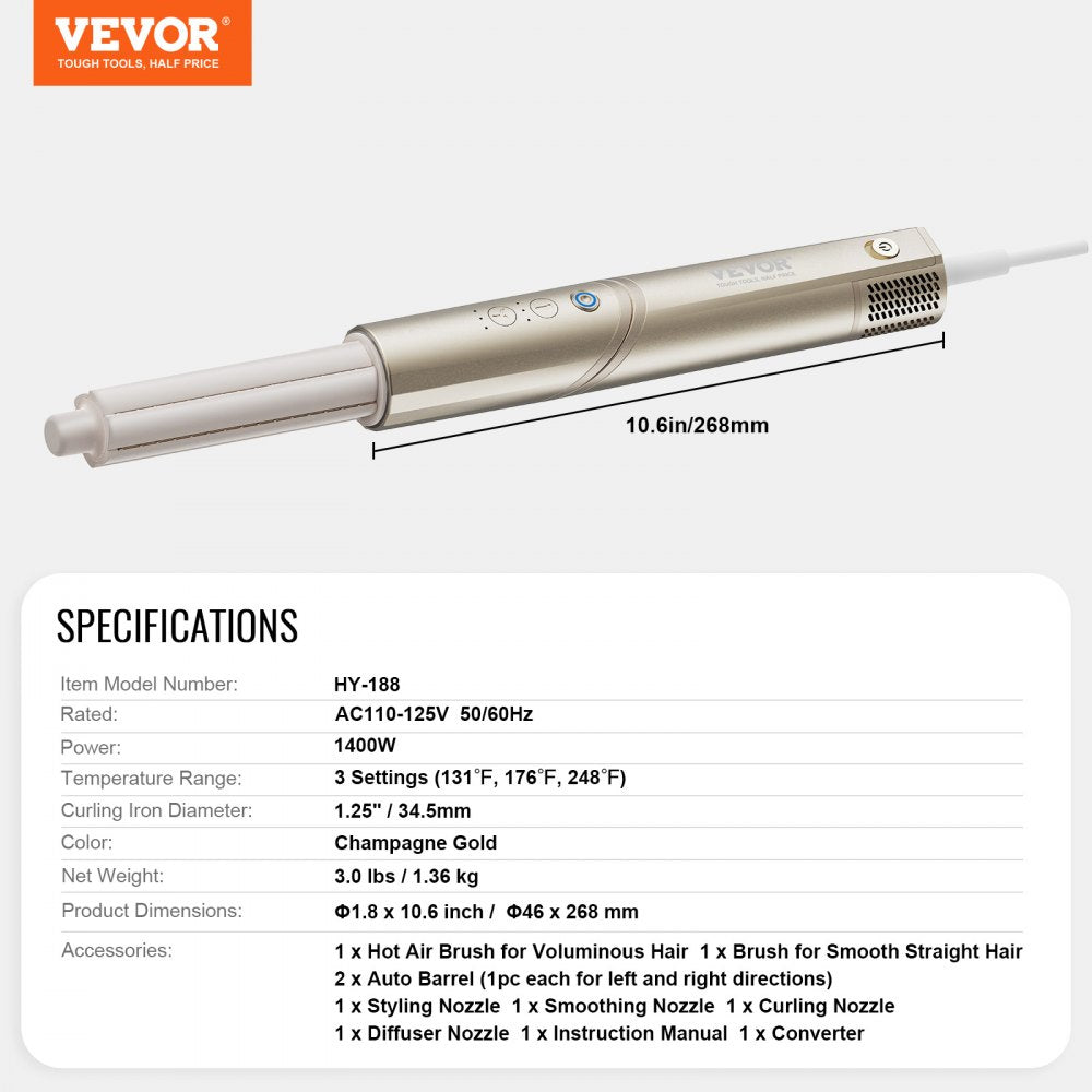 VEVOR 8 in 1 Curling Iron, Ceramic 1.25-Inch Curling Wand Set with 2 Barrels, 2 Brushes, 4 Nozzles for Dry/Straight/Curls/Voluminous, Hair Curling Iron for Long, Medium, Short Hair, for All Hair Types