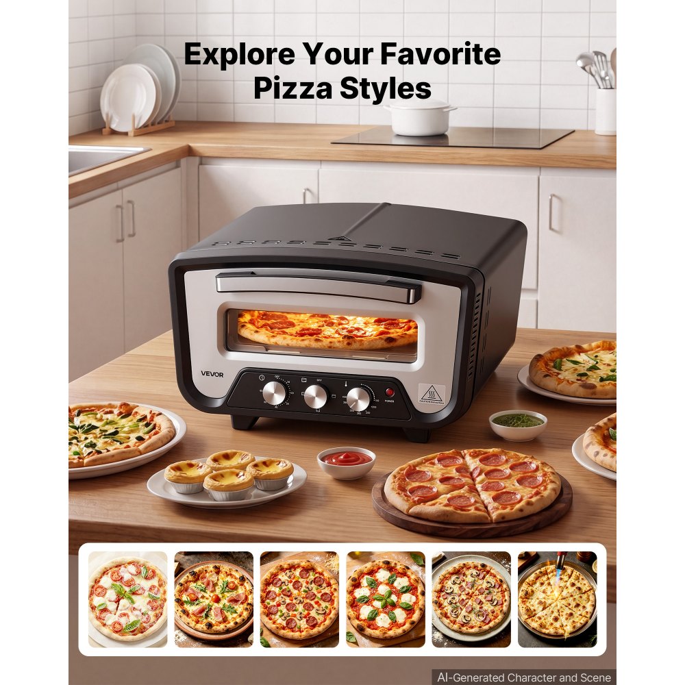 VEVOR Electric Pizza Oven, 12-Inch, Countertop Pizza Maker, 1700W, 805℉ for Home Kitchen Restaurants, Cold-Rolled Steel Shell, Independent Temp & Time Control, Commercial Pizzas Cooker with Stone