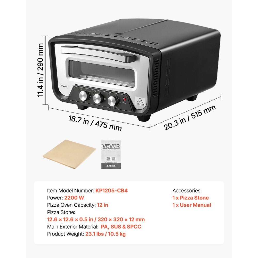 VEVOR Electric Pizza Oven, 12-Inch, Countertop Pizza Maker, 1700W, 805℉ for Home Kitchen Restaurants, Cold-Rolled Steel Shell, Independent Temp & Time Control, Commercial Pizzas Cooker with Stone