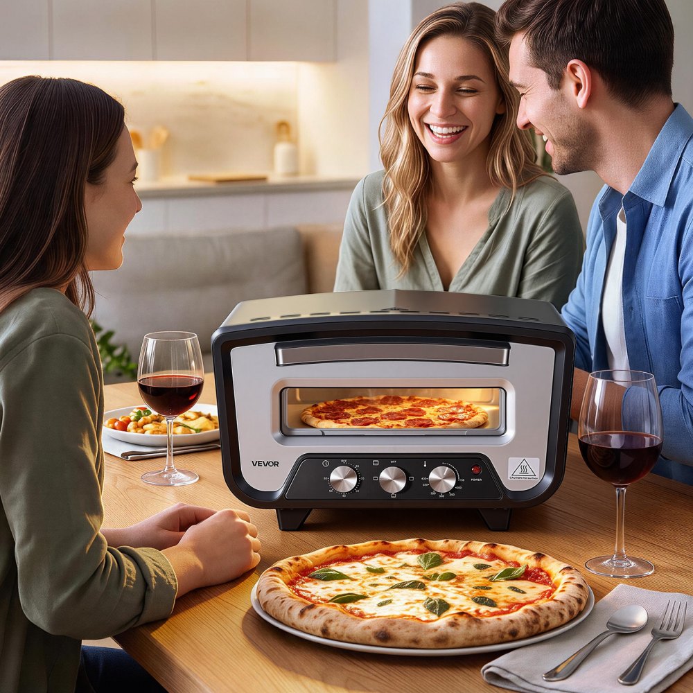 VEVOR Electric Pizza Oven, 12-Inch, Countertop Pizza Maker, 1700W, 805℉ for Home Kitchen Restaurants, Cold-Rolled Steel Shell, Independent Temp & Time Control, Commercial Pizzas Cooker with Stone