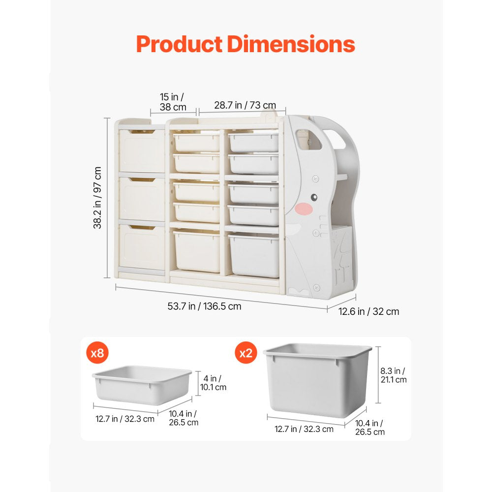 VEVOR Kids Toy Storage, 4-Tier Elephant-Shape Toy Storage Organizer with 10 Plastic Movable Bins, Kids Cubby Cabinet Made from HDPE for Study Room, Bedroom, Playroom, Classroom, Nursery, Gray + Beige