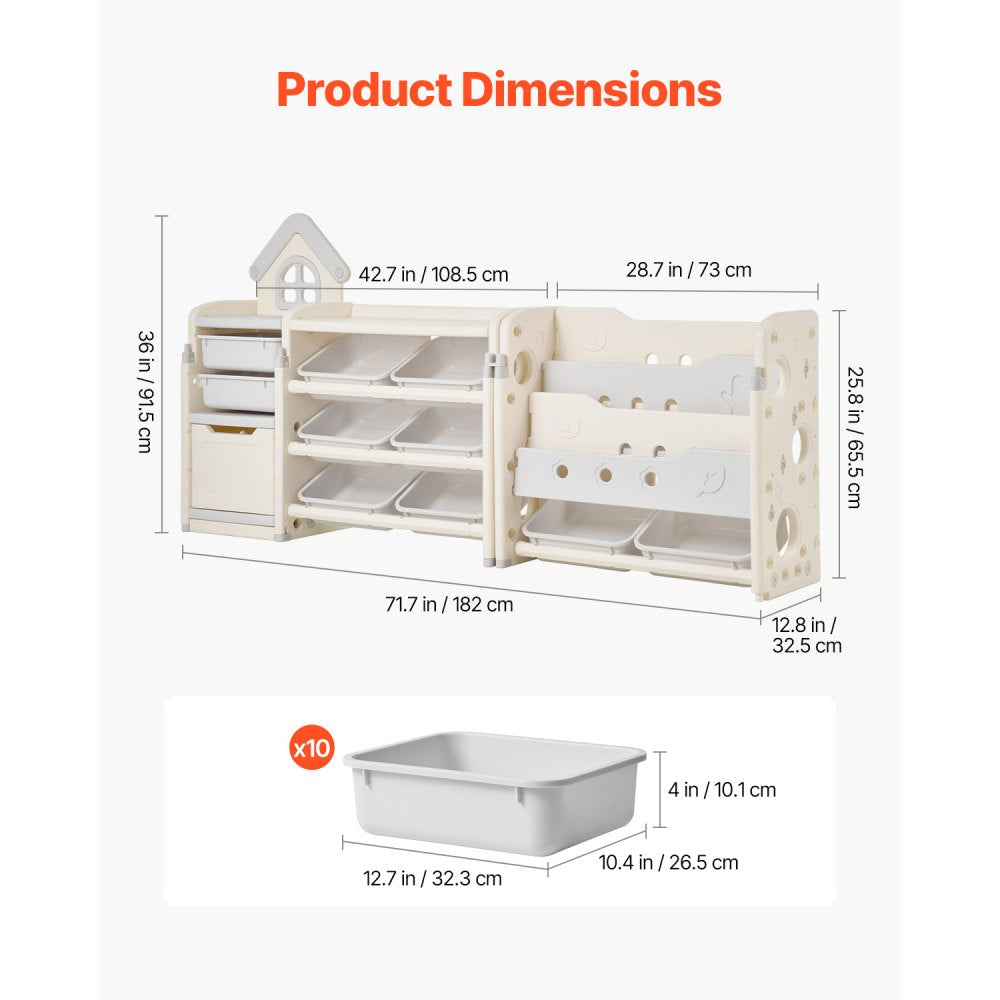 VEVOR Kids Toy Storage with Bookshelf, 4-Tier Toy Storage Organizer with 10 Movable Plastic Bins, Kids Cubby Cabinet with Bookshelf for Study Room, Bedroom, Playroom, Classroom, Nursery, Gray + Beige
